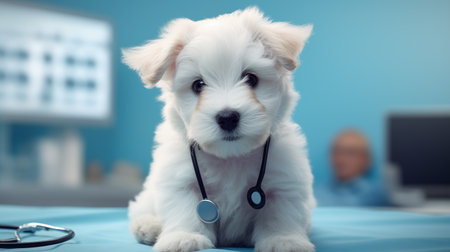 A cute white longhair puppy is waiting to be treated on an examination table in an animal hospital. A close-up realistic picture of a pet in a healthcare center. Background for presentation aspect ratio 16:9. Generative AI.の素材