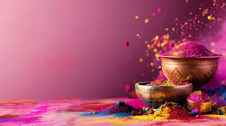 Background design for Holi festival, art, or celebration presentation. Suitable for social media post. Aspect ratio 16:9, horizontal picture. Generated AI.の素材