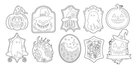 Set of isolated cute Halloween decoration elements for sticker, badge, tag or label in cute graphic illustration style on a white background.のイラスト素材