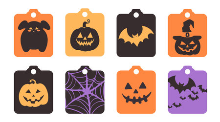 Set of isolated cute Halloween decoration elements for sticker, badge, tag or label in cute graphic illustration style on a white background.のイラスト素材