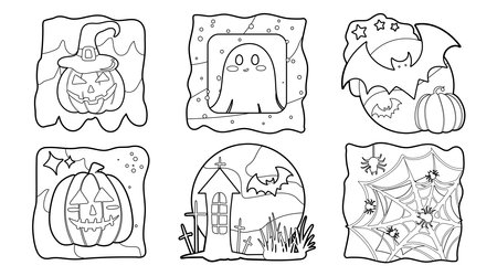 Set of isolated cute Halloween decoration elements for sticker, badge, tag or label in cute graphic illustration style on a white background.のイラスト素材
