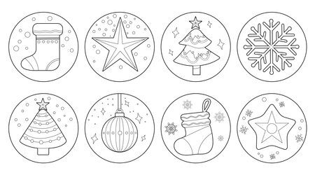 Set of isolated Christmas and New Year label, badge, sticker design in cute doodle style on a white background.のイラスト素材