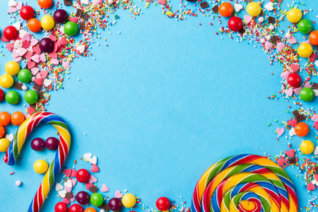 Tasty appetizing Party Accessories Happy Birthday Sweet Treat Swirl Candy Lollypop Colorful Letters on Bright Background Top View Fashion Conceptual Holiday Flat Lay
