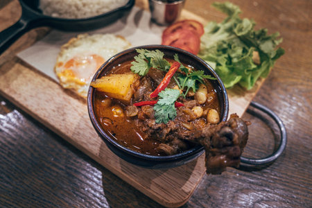Thai Indian best dish Massaman Curry with Chicken and Potatoes is influenced by Malay and Thai Muslim cultures