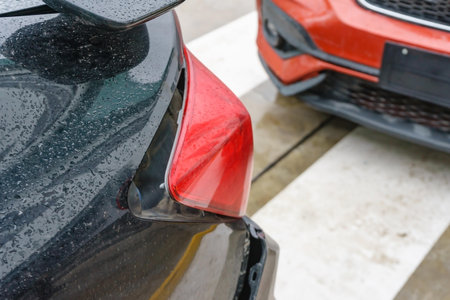 car crash accident on street, damaged automobiles after collision in city