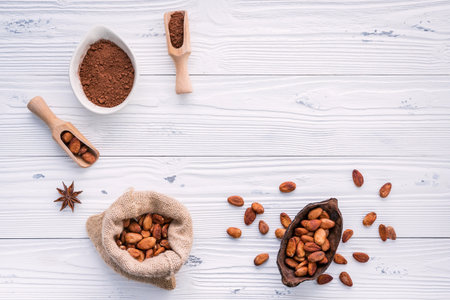 Cocoa powder and cacao beans on wooden background. Dark chocolate pieces crushed and aromatic herbs .