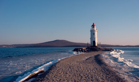 Seascape with a view of the Tokarevsky lighthouse. Vladivostok, Russia