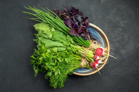 top view fresh greens with radish on dark background color photo ripe salad meal