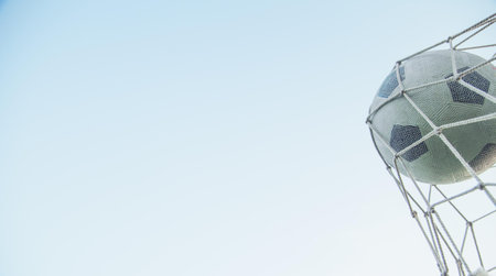 Soccer ball in the net of a goal.