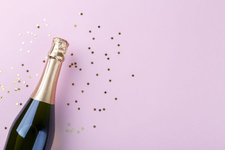 Flat lay of composition Champagne bottle and confetti on pink background copy space
