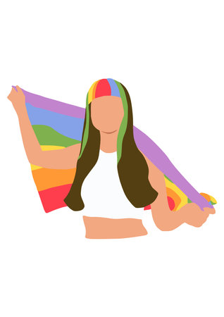 girl with a rainbow flag in her hands on a white background, vector illustrationのイラスト素材