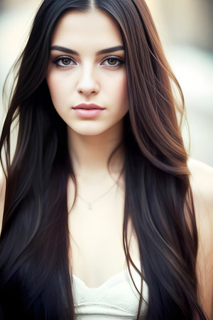 Portrait of a beautiful young brunette woman with long hair.の素材