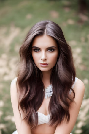 Outdoor portrait of beautiful young brunette woman with long hair.の素材