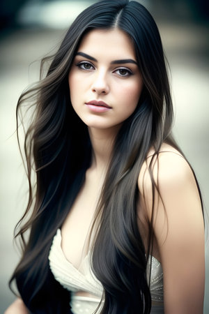 Portrait of a beautiful young woman with long black hair and makeupの素材