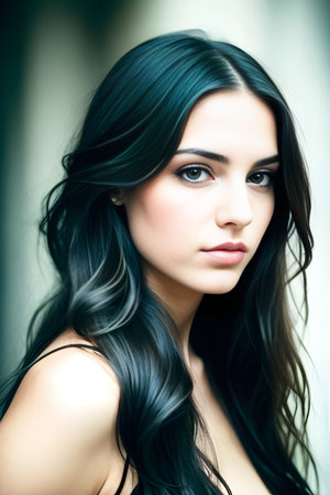 Portrait of a beautiful young woman with long black hair. Beauty, fashion.の素材