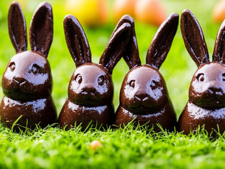 Easter chocolate bunnies on green grass. selective focus.の素材