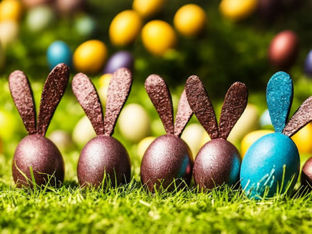 Easter eggs and bunny on green grass. Happy Easter concept.の素材