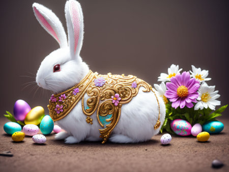 Easter bunny with colorful eggs and flowers on a brown background.の素材
