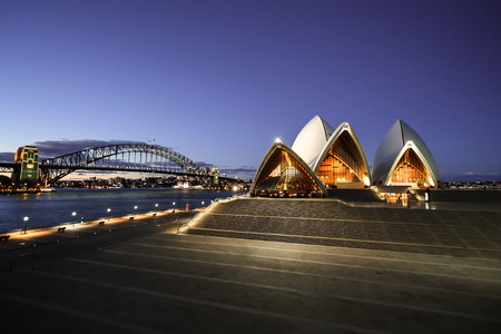 Sydney Opera House and Harbor Bridge at night Sydney Australiaのeditorial素材