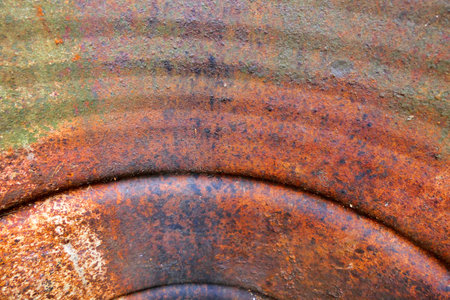 Close up of the internal surface of a rusty oil barrel