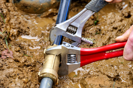 Worker attaching brass joint connector to old and new water pipes using adjustable spanners