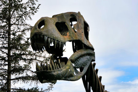 Full size Tyrannosuarus skeleton in the centre of pre-history area of the Dordogne countryside in Franceの写真素材