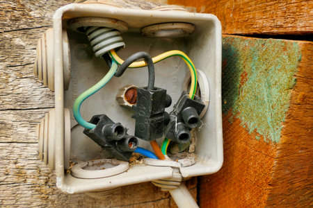 Old external French circuit box been left open to the elementsの写真素材