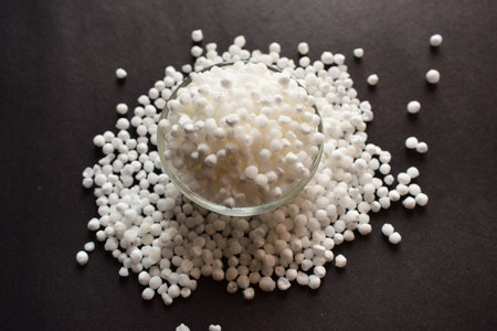 sago pearls in a glass bowl on a black background.の写真素材
