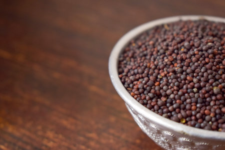 Black mustard seeds in a bowl on a wooden background. Selective focus.の写真素材