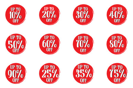 Sale Discount Icons. Green badge with pink new icon on top Special offer price signs. 10%, 20%, 30%, 40%, 50%, 60%, 70, 80%, 90% percent off reduction symbols. Colored elements. Veのイラスト素材