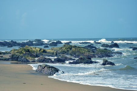 Coast of the Atlantic Ocean with rocks and vegetation in Costa Ricaの写真素材