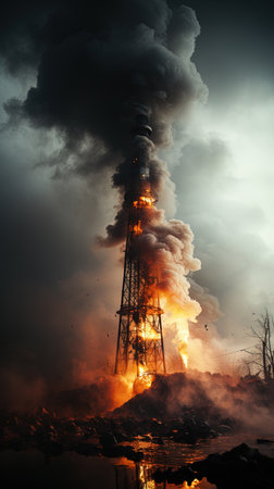 Dense Flame Explode On Tower With Dark Grey Liquid Smoke Abstract Background AI Generativeの素材