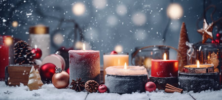 Christmas Decorations With Colorful Candles On A Snowy Christmas Background AI Generativeの素材