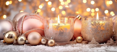 Christmas Decorations With Colorful Candles On A Snowy Christmas Background AI Generativeの素材