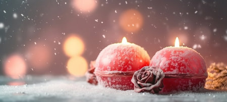 Christmas Decorations With Colorful Candles On A Snowy Christmas Background AI Generativeの素材