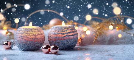 Christmas Decorations With Colorful Candles On A Snowy Background. Focus Stacking Bright Light AI Generativeの素材