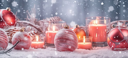 Christmas Decorations With Colorful Candles On A Snowy Christmas Background AI Generativeの素材