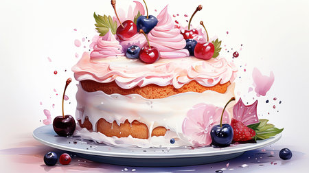 Colorful Birthday Cake Decorated with Cherries Watercolor Painting on a White Background AI Generativeの素材