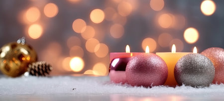 Christmas Decorations With Colorful Candles On A Snowy Christmas Background AI Generativeの素材