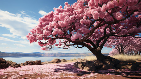 A Blooming Cherry Blossom Big Tree in park Under The Sky Nature Background AI Generativeの素材