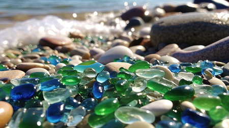 Polish Textured Sea Glasses and Stones on the Seashore Green, Blue Shiny Glass Sea Pebbles Close-Up AI Generativeの素材