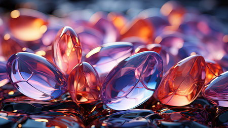 Polish Textured Sea Glasses and Stones on the Seashore Pink, Cyan Shiny Glass Sea Pebbles AI Generativeの素材