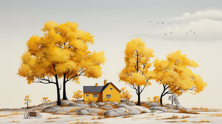 Yellow Tree Yellow House Path Way Yellow Plains Blue Sky Landscape Background AI Generativeの素材
