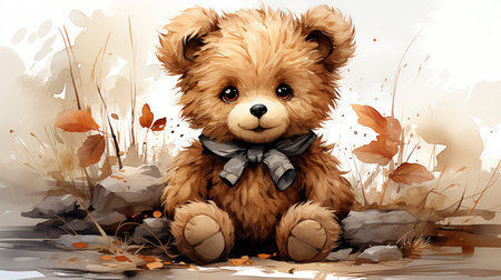 Watercolor Style Fluffy Teddy Bear Clipart Isolated on White Background AI Generativeの素材
