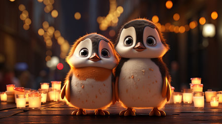 Two Cute Baby Penguins Looking at the Camera on the Street AI Generativeの素材