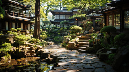 Old Japanese Style House Beside The Wet Stone Path and Green Treesの素材