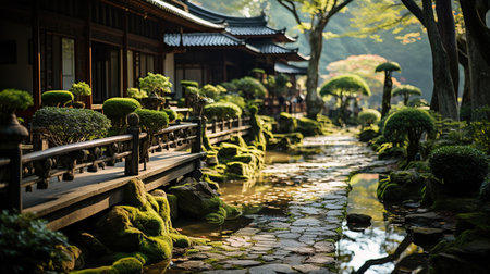 Old Japanese Style House Beside The Wet Stone Path and Green Treesの素材