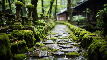 Old Japanese Style House Beside The Wet Stone Path and Green Treesの素材