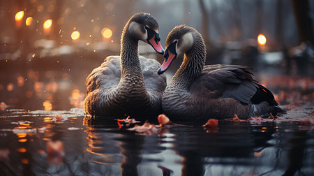 Two Grey Swans Swimming on the Water Together.の素材