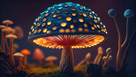 Mystical Glowing Colorful Mushroom in The Forest Bokeh Backgroundの素材